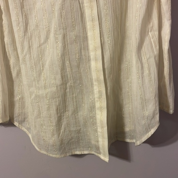 Chico’s Cream with Metallic Gold Stripe Cold Shoulder Long Sleeve Button Blouse - Picture 3 of 16